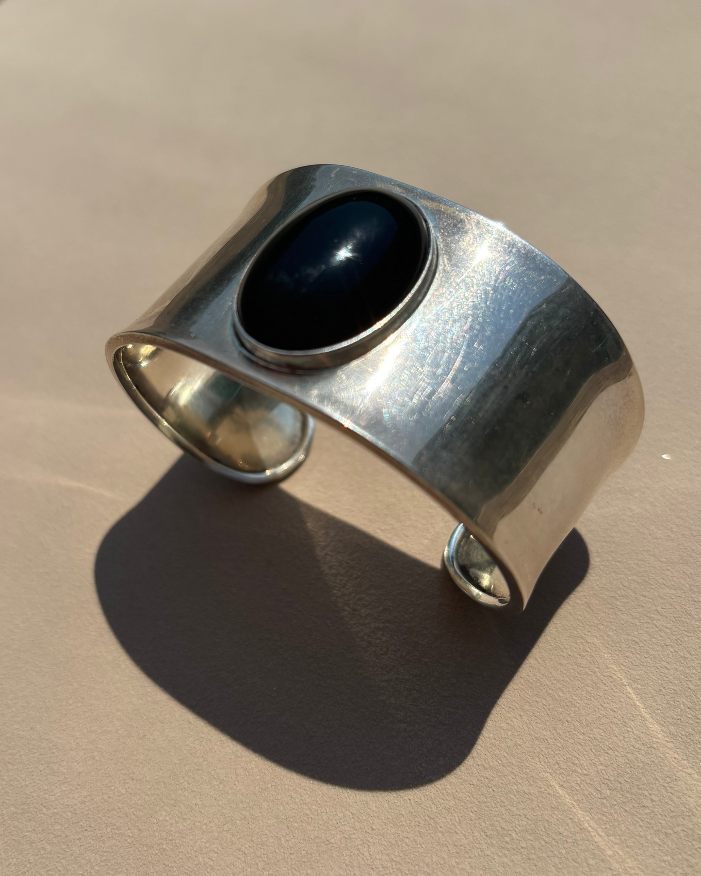 Vintage Sterling Silver Modernist Onyx Cuff Bracelet