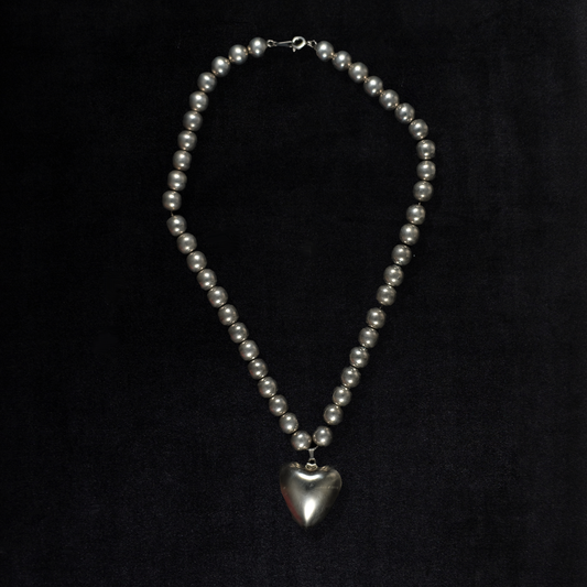 Vintage Sterling Silver Puffy Heart Beaded Necklace