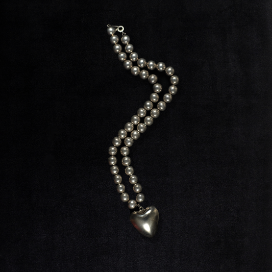 Vintage Sterling Silver Puffy Heart Beaded Necklace
