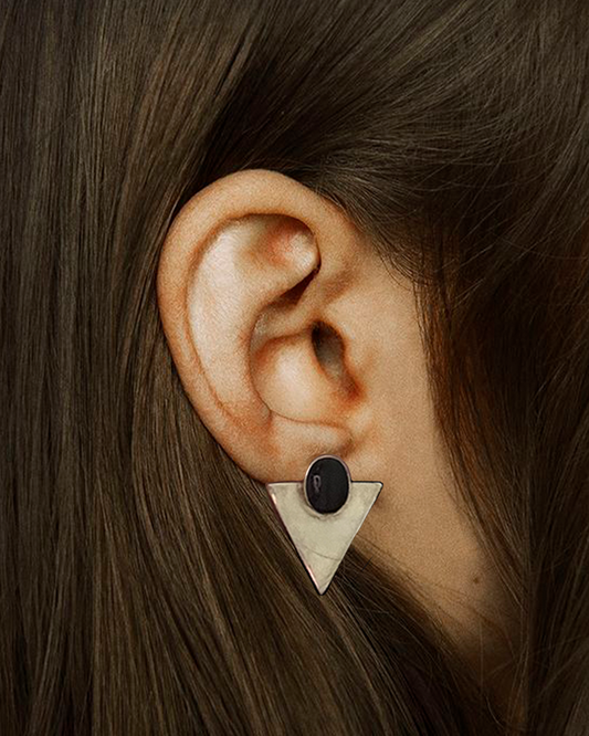 Vintage Sterling Silver Modernist Onyx Angular Earrings