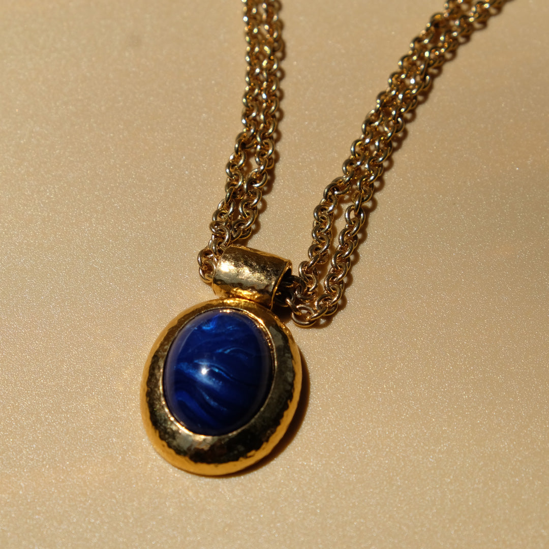 Vintage Blue Cabochon Gold tone Necklace